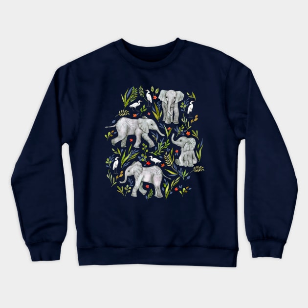 Baby Elephants and Egrets in Watercolor - navy blue Crewneck Sweatshirt by micklyn